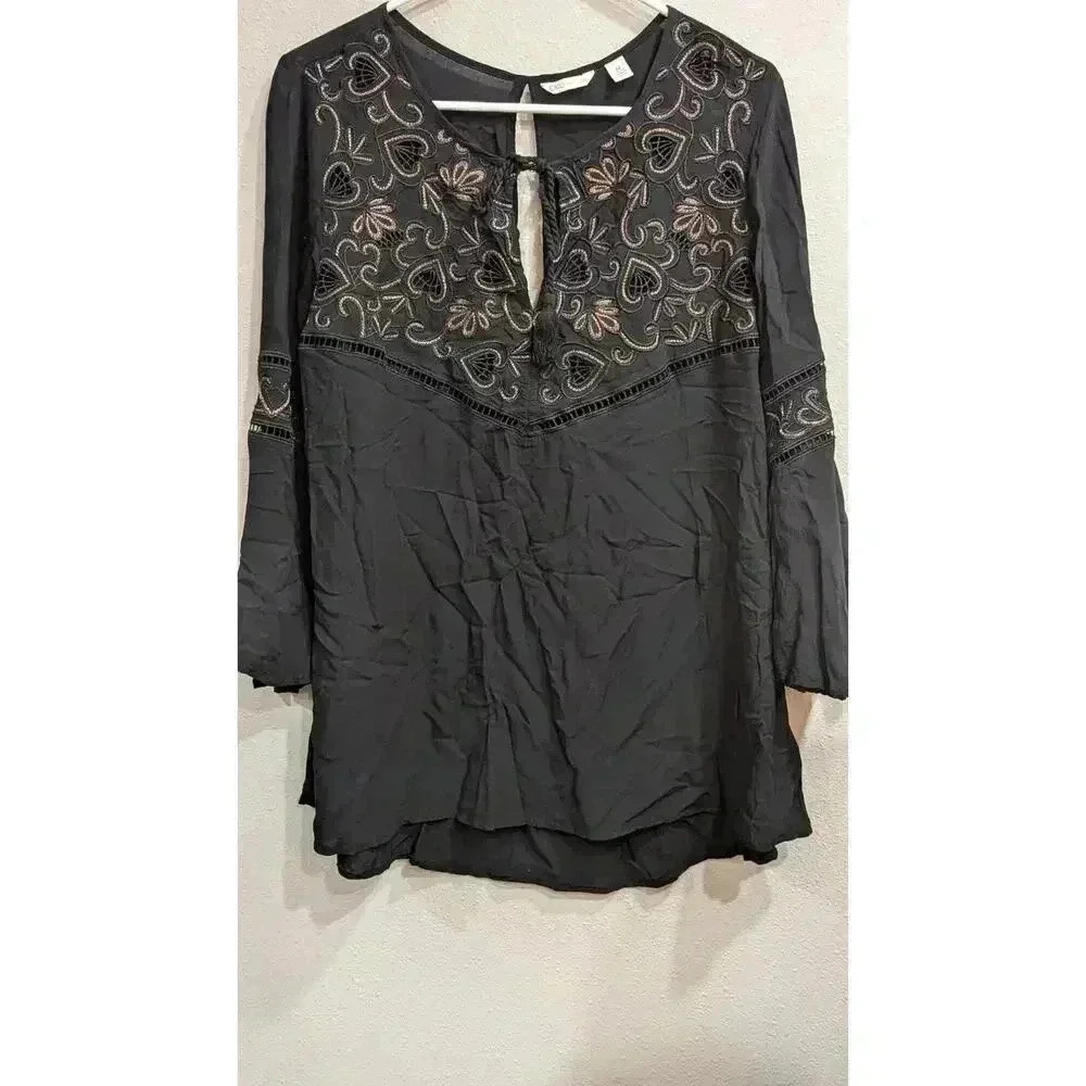 Woman's peasant style black top with copper embroidery in size Medium by Cato